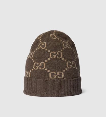Bonnet et Écharpe en jacquard de cachemire GG marron et beige